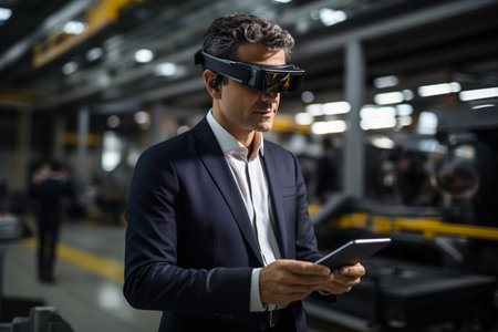 A businessman with virtual glasses on his head and a tablet in his hands at production. Technology and business concept.の素材