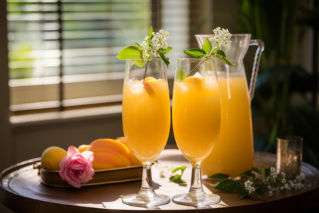Peach juice in glasses and a jug and fresh fruit on a tray in the living room.の素材
