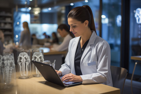 A scientist woman studies new research methods, enters information into a laptop. Medicine and science concept.の素材