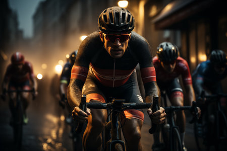 Cyclist athletes ride through the evening city. Cyclingの素材