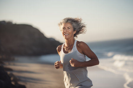 A pensioner woman jogging by the sea in the rays of the rising sun. Healthy lifestyle.の素材