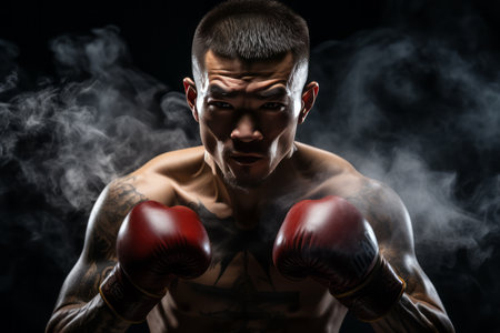 Portrait of an Asian boxer in a boxing stance on a black background. Sports concept.の素材