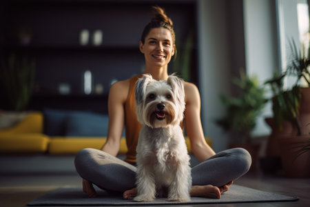 Beautiful woman practicing yoga lotus pose with dog. Sports and pets concept.の素材