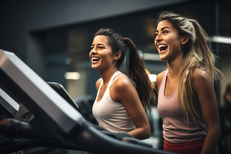 Two young joyful women train on treadmills in the gym. Sports conceptの素材