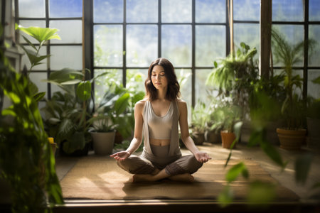 A woman does yoga. Sits on a rug in the lotus position in the sun, among green plants.の素材