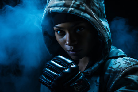 A female boxer of African-American appearance in gloves and a hood in smoke on a dark background. Sports concept.の素材