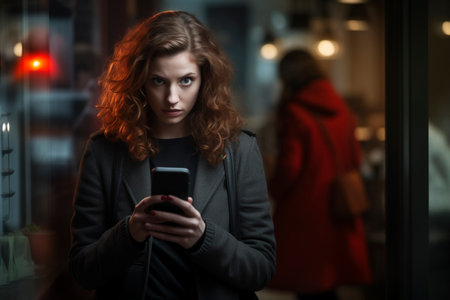 A surprised, upset woman holds a smartphone in her hands and sees that money has been written off from her accounts. Fraud.の素材