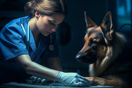 Examination of a German Shepherd dog by a female veterinarian in the clinic.の素材