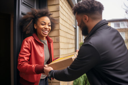 An African-American woman accepts a delivery box from a delivery man. Mail delivery.の素材