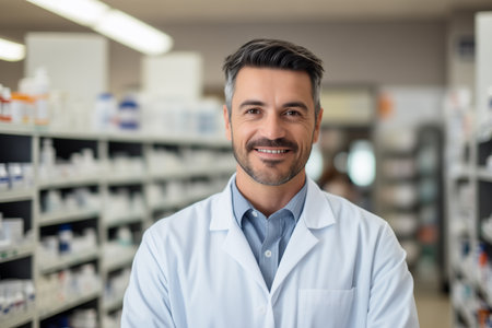 Professional male pharmacist in a modern pharmacy. Portrait of a pharmacist.の素材
