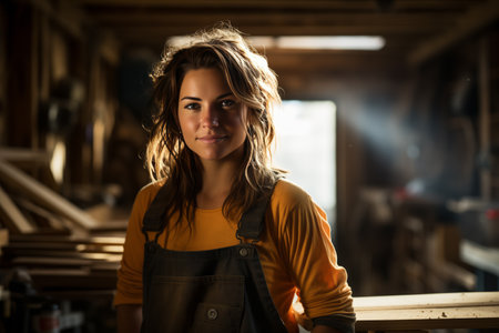 A strong confident female carpenter stands and looks at the camera in her workshop.の素材