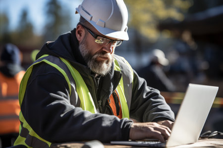 A civil engineer uses a laptop computer on a construction site. Close-up.の素材