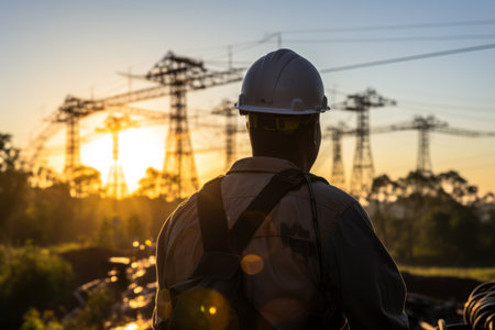 An electrical engineer looks at a high-voltage power line at sunset.の素材