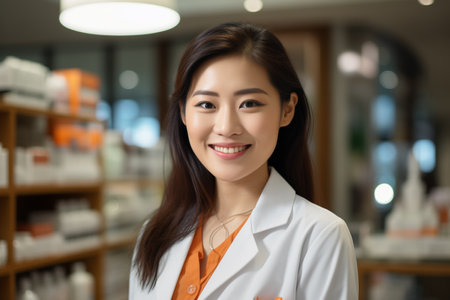 Professional pharmacist Asian woman in a modern pharmacy. Portrait of a pharmacist.の素材