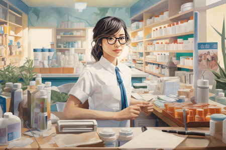 Drawing of a professional Asian woman pharmacist in a modern pharmacy. Portrait of a pharmacist.の素材