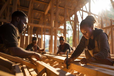 Carpenters work on the construction of a wooden house. Construction industry themeの素材