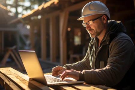 A civil engineer uses a laptop computer on a construction site. Close-up.の素材