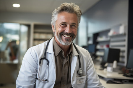 Portrait of a friendly middle-aged European doctor in overalls with a stethoscope around his neck. Medical concept.の素材