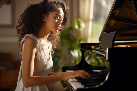 Beautiful young woman playing the piano at home. Hobby and relaxation.の素材