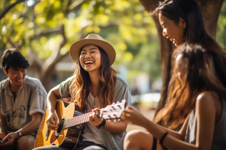 Smiling Asian young people having fun on the street, woman playing guitar. Musical lifestyle, free time.の素材