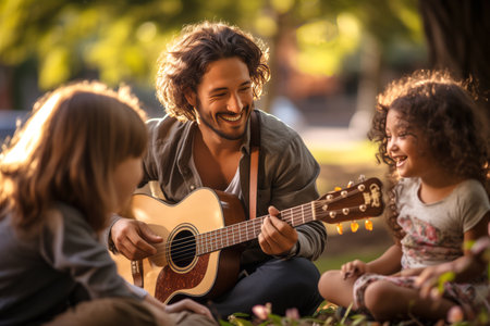 Dad sits in the park and plays the guitar, children are sitting nearby. Relaxation in the park.の素材