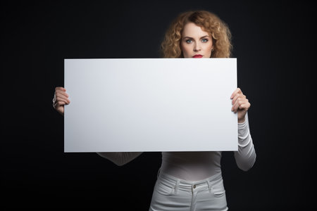 A woman stands against a black background and holds a blank white sheet of paper in her hands. Mockup.の素材