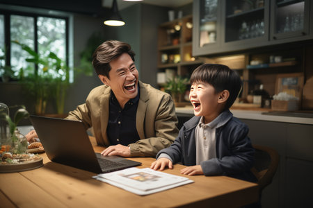 Young Asian father and watching son fun entertainment content on laptop.の素材