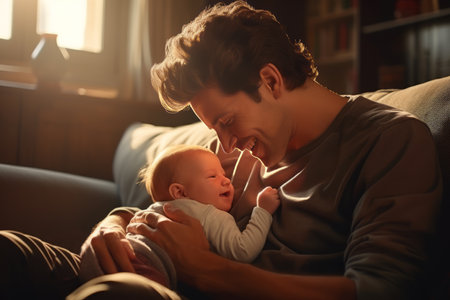 Father taking care of baby son in living room.の素材