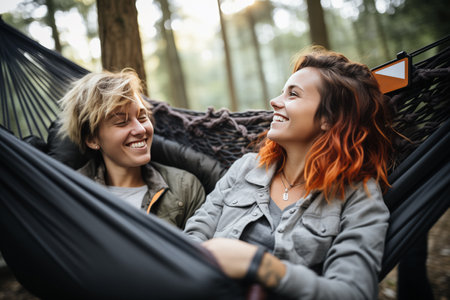 Two happy lesbians in a hammock relaxing in the forest.の素材