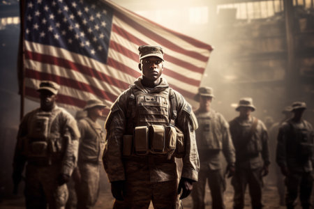 American Army Rangers against the background of the US flag.の素材