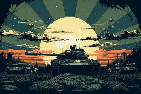 Tanks are driving along the ground against the backdrop of the rising sun. Military concept.の素材