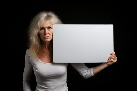An elderly woman stands against a black background and holds a blank white sheet of paper in her hands. Mockup.の素材