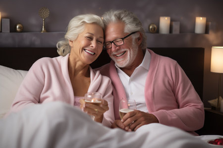 An elderly couple relaxes, talks and drinks from glasses of white wine in bed. Happy retired couple conceptの素材