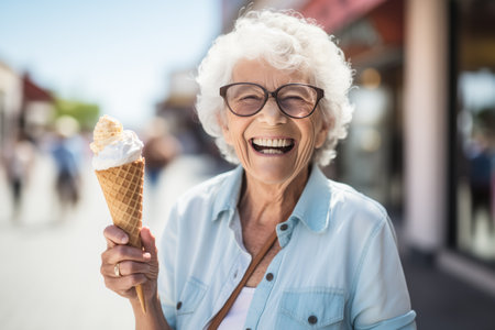 Happy smiling elderly woman enjoying an ice cream cone on a city street.の素材