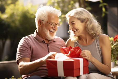 Happy moments. An elderly man gives his wife a gift.の素材