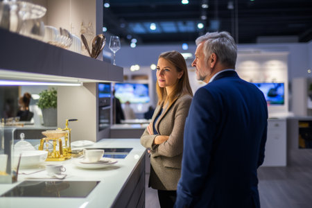A couple standing in a furniture showroom chooses furniture for their home.の素材