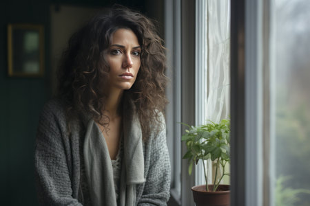 A lonely young woman, depressed, sits by the window at home.の素材