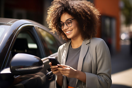A happy young African-American woman with a phone in her hands walks down the street next to a car.の素材