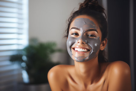 Portrait of a beautiful young woman with a mask applied to her face. Taking care of clean, healthy skin.の素材