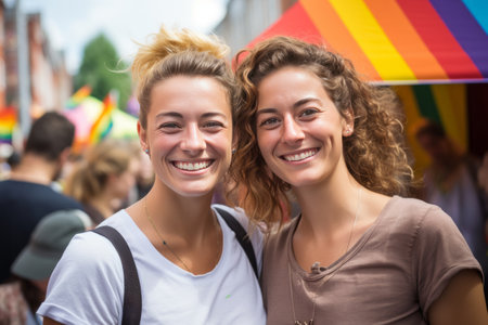 Portrait of a same-sex female couple in love at an LGBT parade.の素材