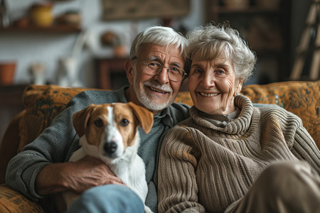 Senior couple with their favorite pet - a dog. Portraitの素材
