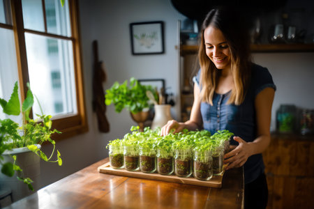 Vegan and healthy cuisine concept. A young woman grows microgreens in glass jars at home.の素材