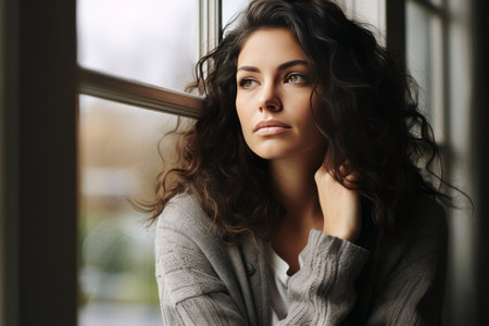 A lonely young woman, depressed, sits by the window at home.の素材
