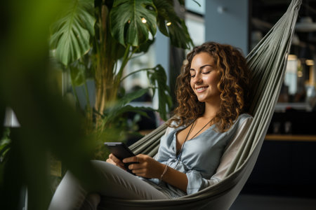 Portrait of a joyful young woman reading a message on her tablet computer while sitting on a hammock in the living room. Modern technology and leisure concept.の素材