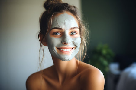 Portrait of a beautiful young woman with a mask applied to her face. Taking care of clean, healthy skin.の素材