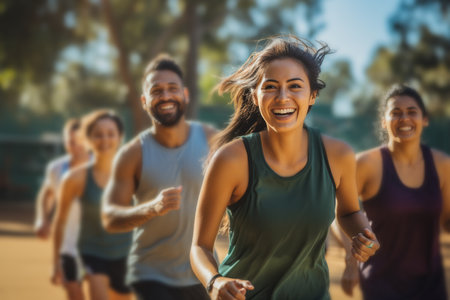 A group of young attractive people jogging in the park. A girl is running ahead, her friends are running behind her. Healthy lifestyle.の素材