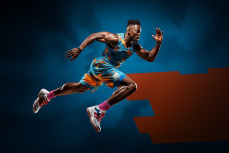African-American sprinter athlete wearing a bright graphic uniform on a blue and red background. Presentation of the sport.の素材