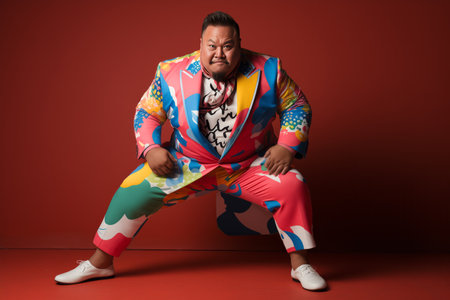 A sumo wrestler in a bright multi-colored suit on a red background stands in a wrestler's stance. Presentation of a sumo wrestler.の素材