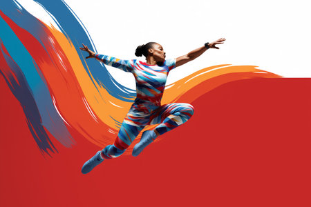 An African-American athlete in a bright uniform on a blue and red graphic background. Presentation of the sport.の素材