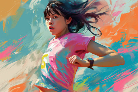 An athlete of Asian appearance in a bright uniform on a blue-pink-orange graphic background. Illustrated presentation of the sport.の素材